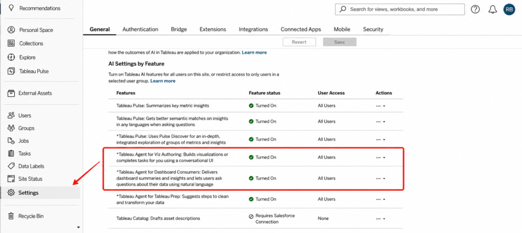 Enabling Tableau Agent features in your settings menu.